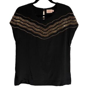 RUNGOLEE- Women’s Black Silk Blouse w Gold Beaded Design, Size Small
